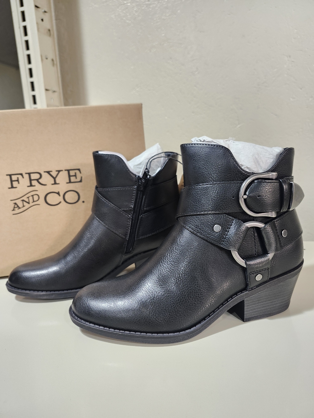 Frye Black Leather Ankle Booties with Double Buckle 6.5M New